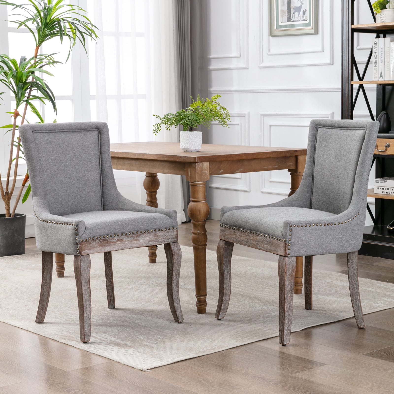 GOODSILO - Ultra Side Dining Chair Set of 2, Thickened Fabric, Solid Wood Legs, Bronze Nail Head - Gray