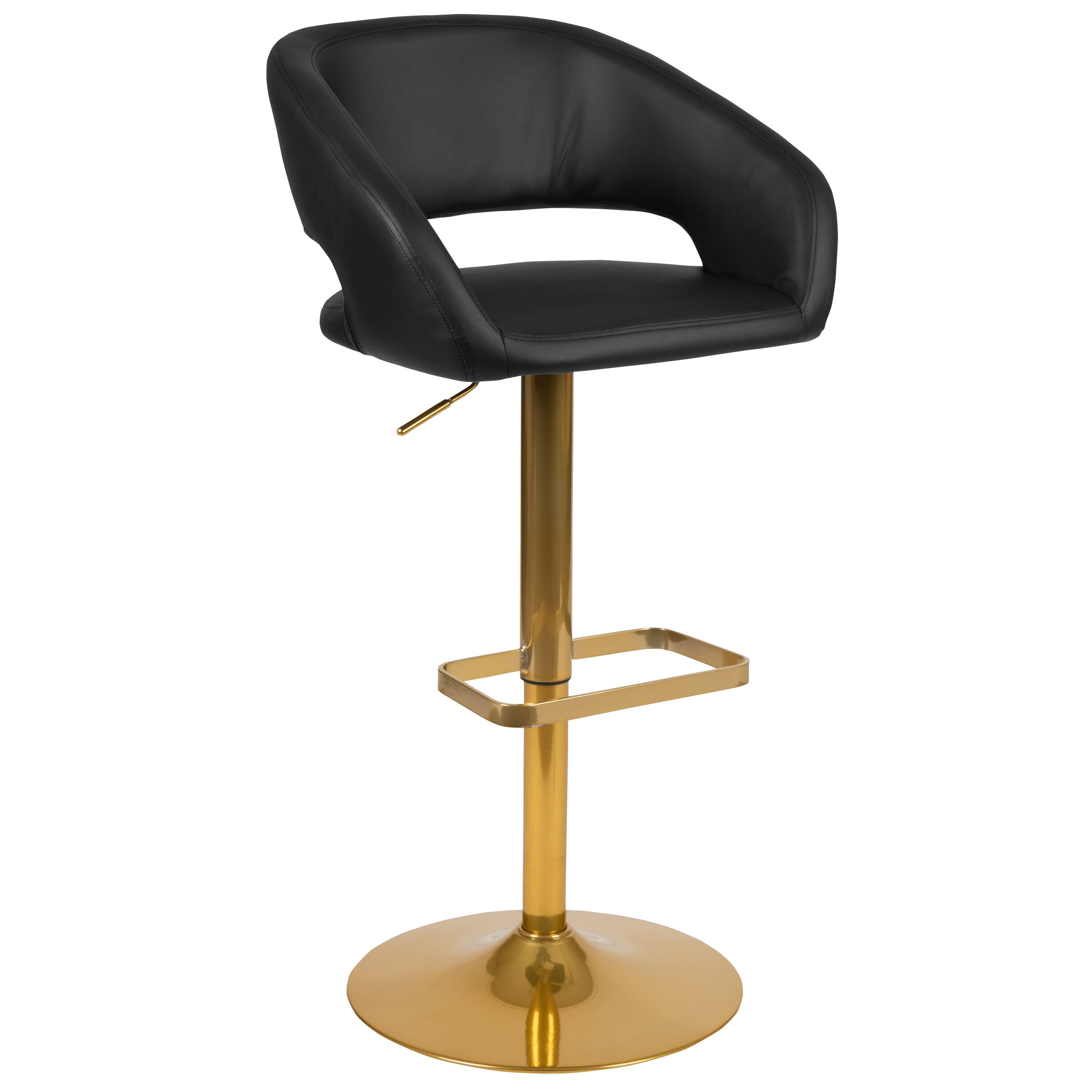 Alt View 1. Emma + Oliver - Shae Contemporary Upholstered Adjustable Height Barstool with Rounded, Cutout Mid-Back and Pedestal Base - Black/Gold Frame.