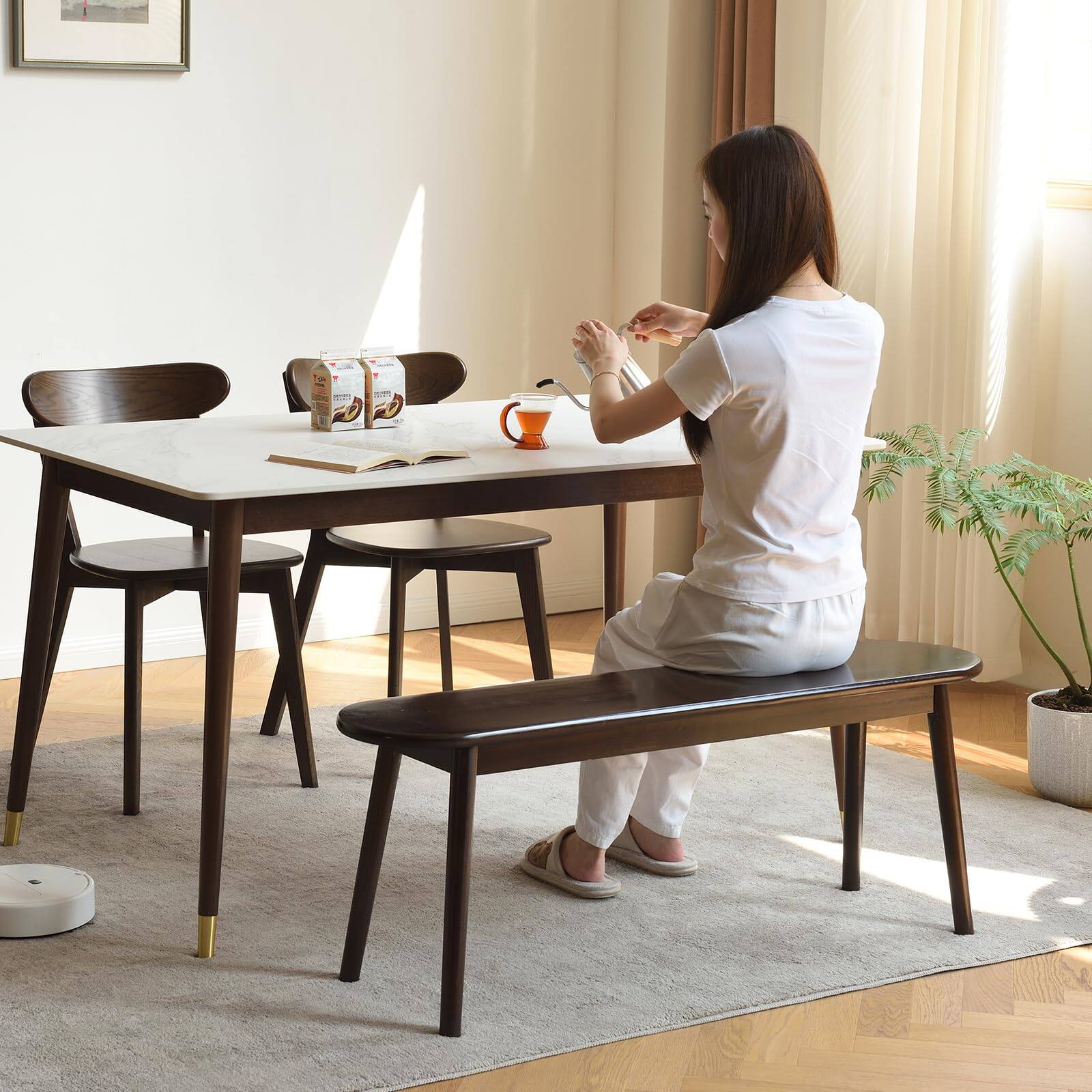 Alt View 3. JETRANSPORT - Walnut Solid Wood Bench 39.4" L - Narrow Mid-century Wooden Benches For Entryway Kitchen Dining Bedroom Shoe - Walnut 39".