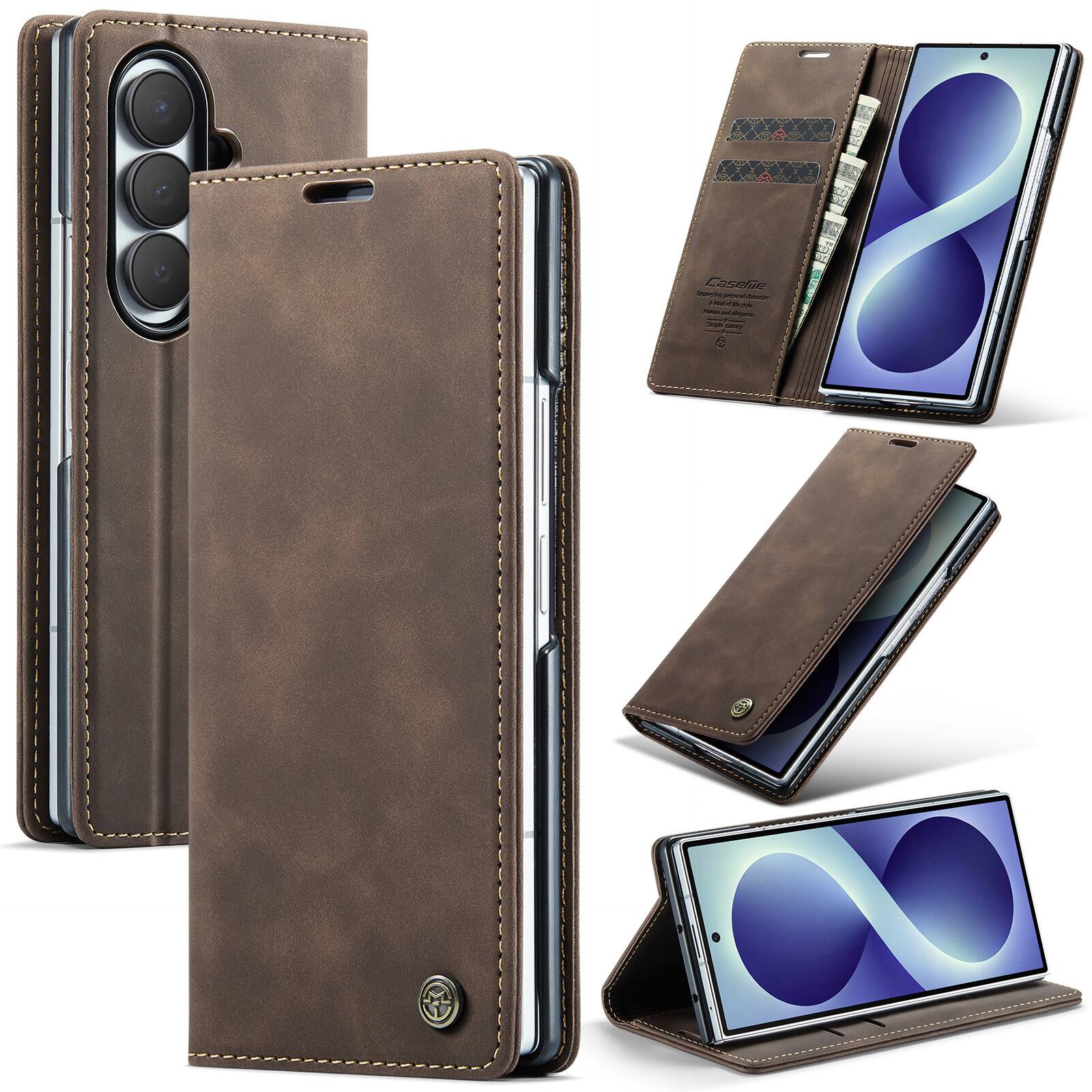 Dteck - Leather Wallet Case for Samsung Galaxy Z Fold8 Ultra Card Slots Flip Kickstand Magnetic Closure Shockproof Cover - Coffee