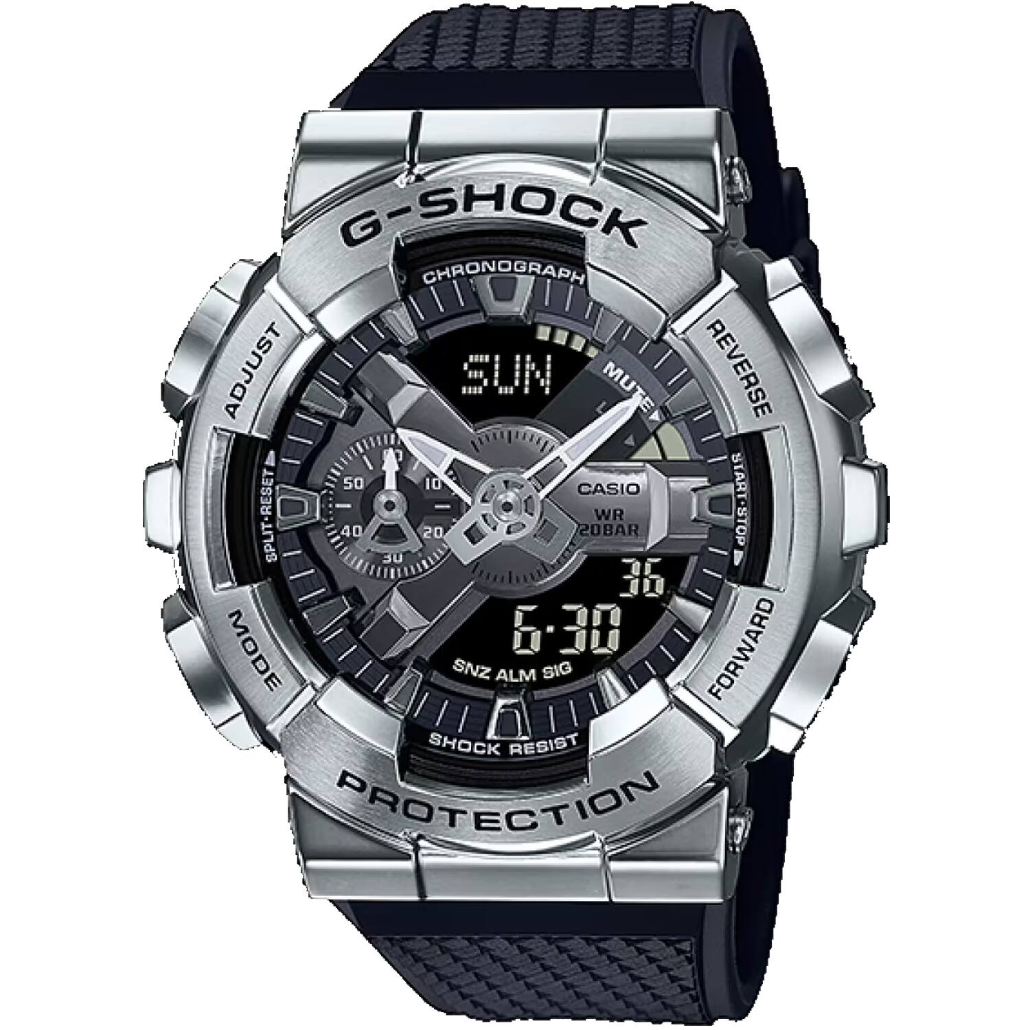 G-SHOCK CHRONOGRAPH  
ADJUST  
REVERSE  
MUTE  
SUN  
CASIO  
WR 20BAR  
START-STOP  
SPLIT  
MODE  
FORWARD  
SNZ ALM SIG  
SHOCK RESIST  
PROTECTION