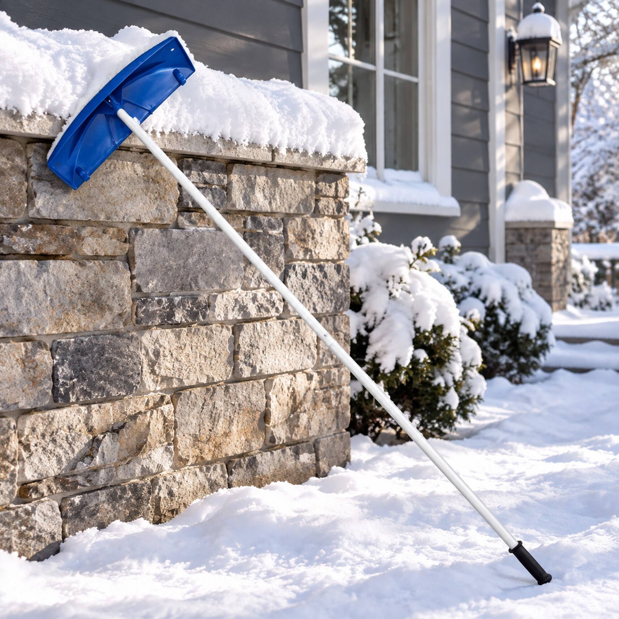 Left. RYHNUYNE - Snow Roof Rake, 24 in PP Plastic Blade, 3.8-18.2 ft Adjustable Handle, Rolling Wheels, Anti-Slip Grip - Navy+Silver.