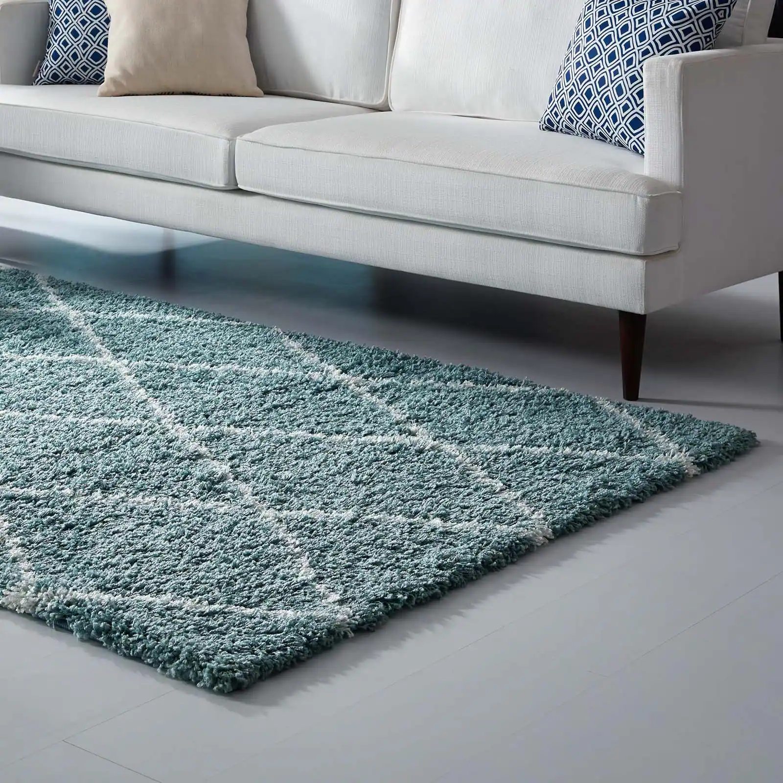 Back. Modway - Toryn Diamond Lattice Shag Area Rug - Aqua Blue and Ivory.