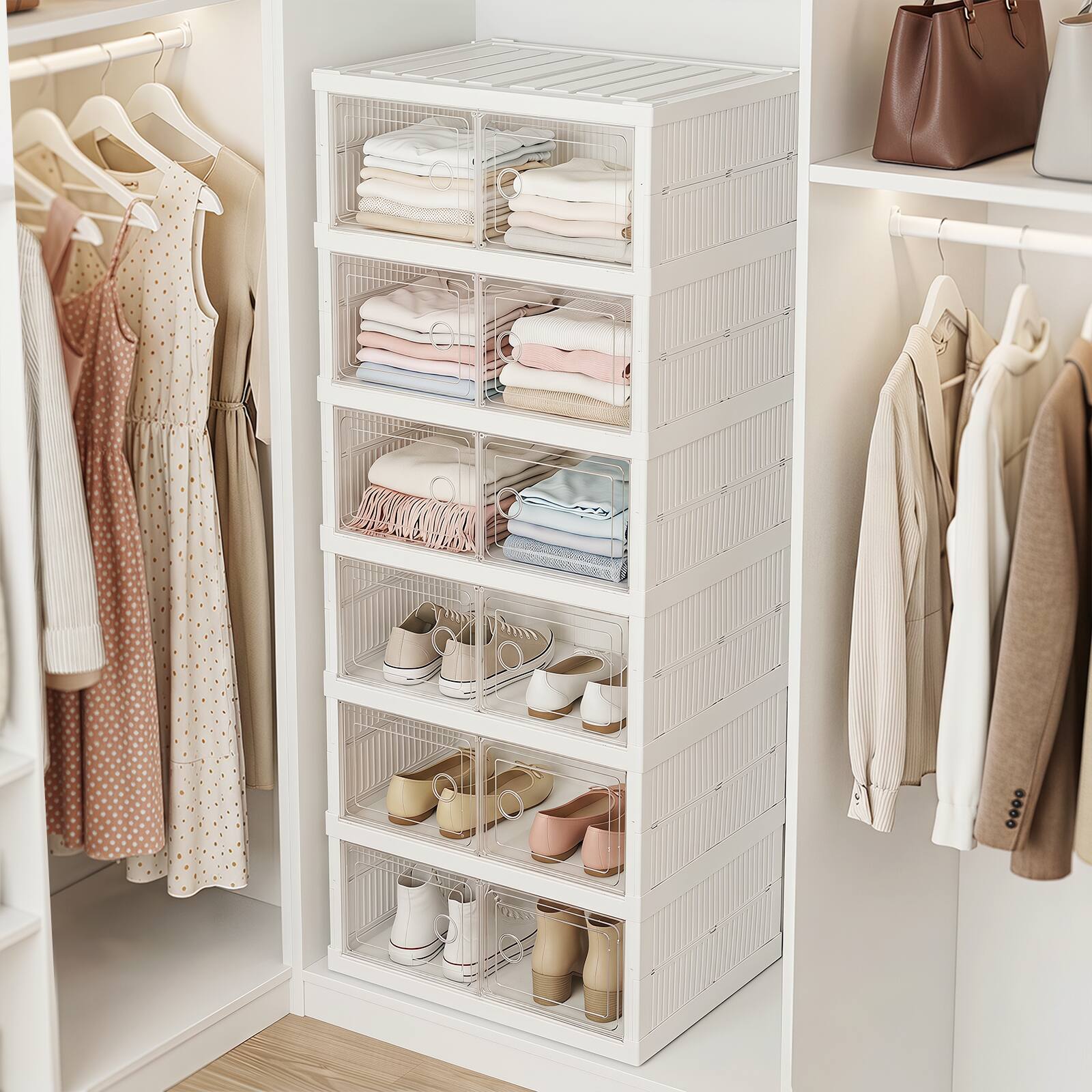 Alt View 3. Costway - Costway 6-Tier Folding Plastic Sneaker Storage Boxes with Clear Doors 12 Pairs for Entryway - White & Transparent.