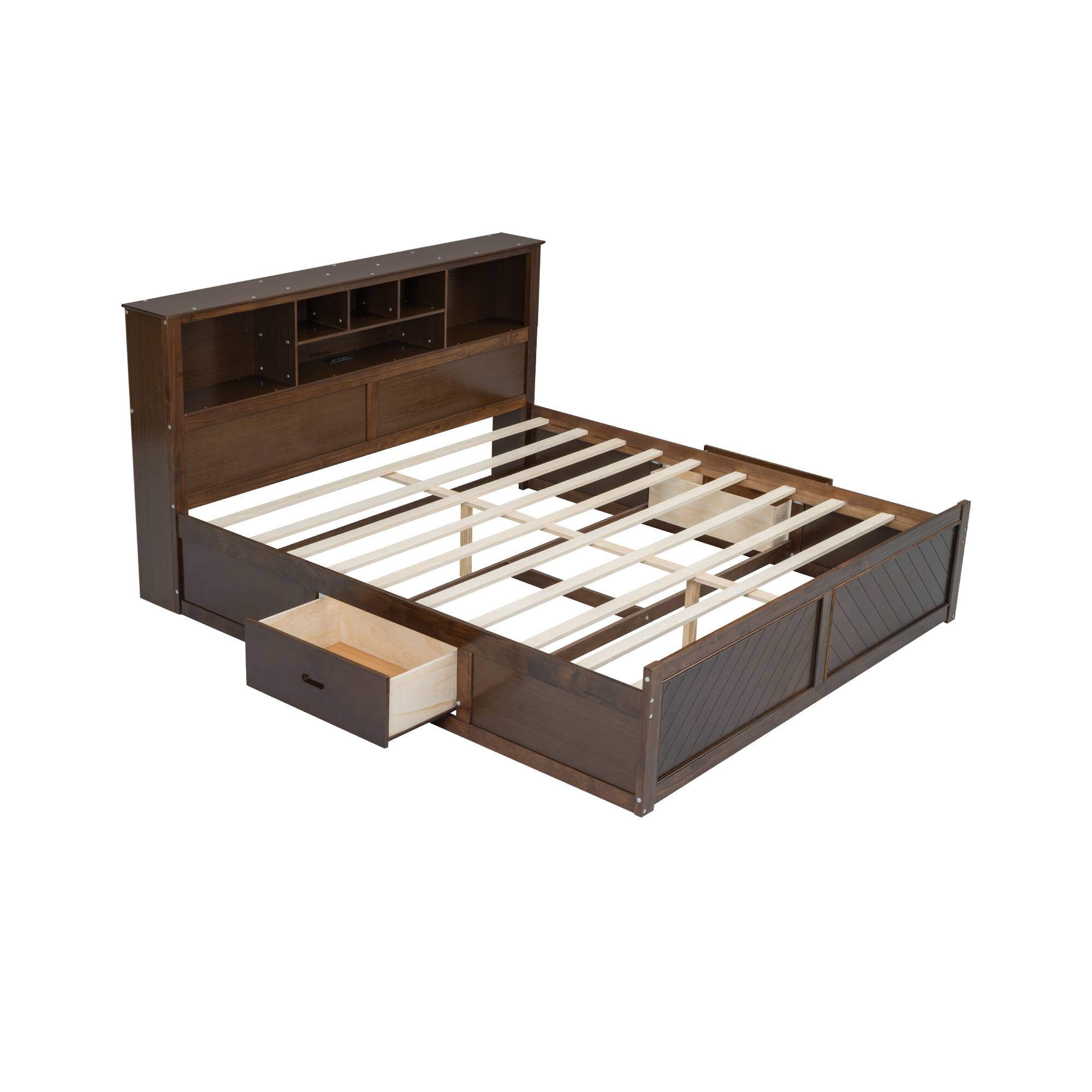 Alt View 9. Tiramisubest - King Size Wood Platform Bed with Multi-storage Headboard, USB and Drawers, Antique Wood Color - Wood.