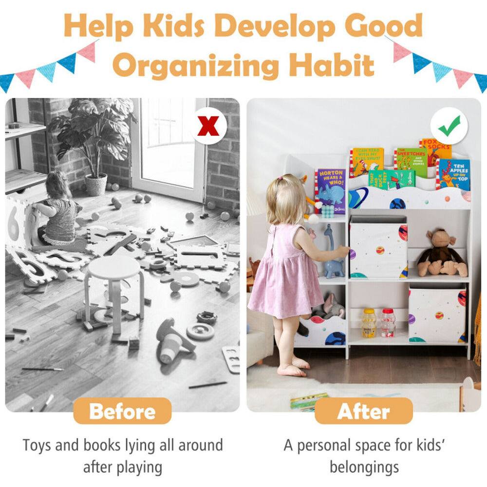 Help Kids Develop Good Organizing Habit

Before  
Toys and books lying all around after playing

After  
A personal space for kids' belongings