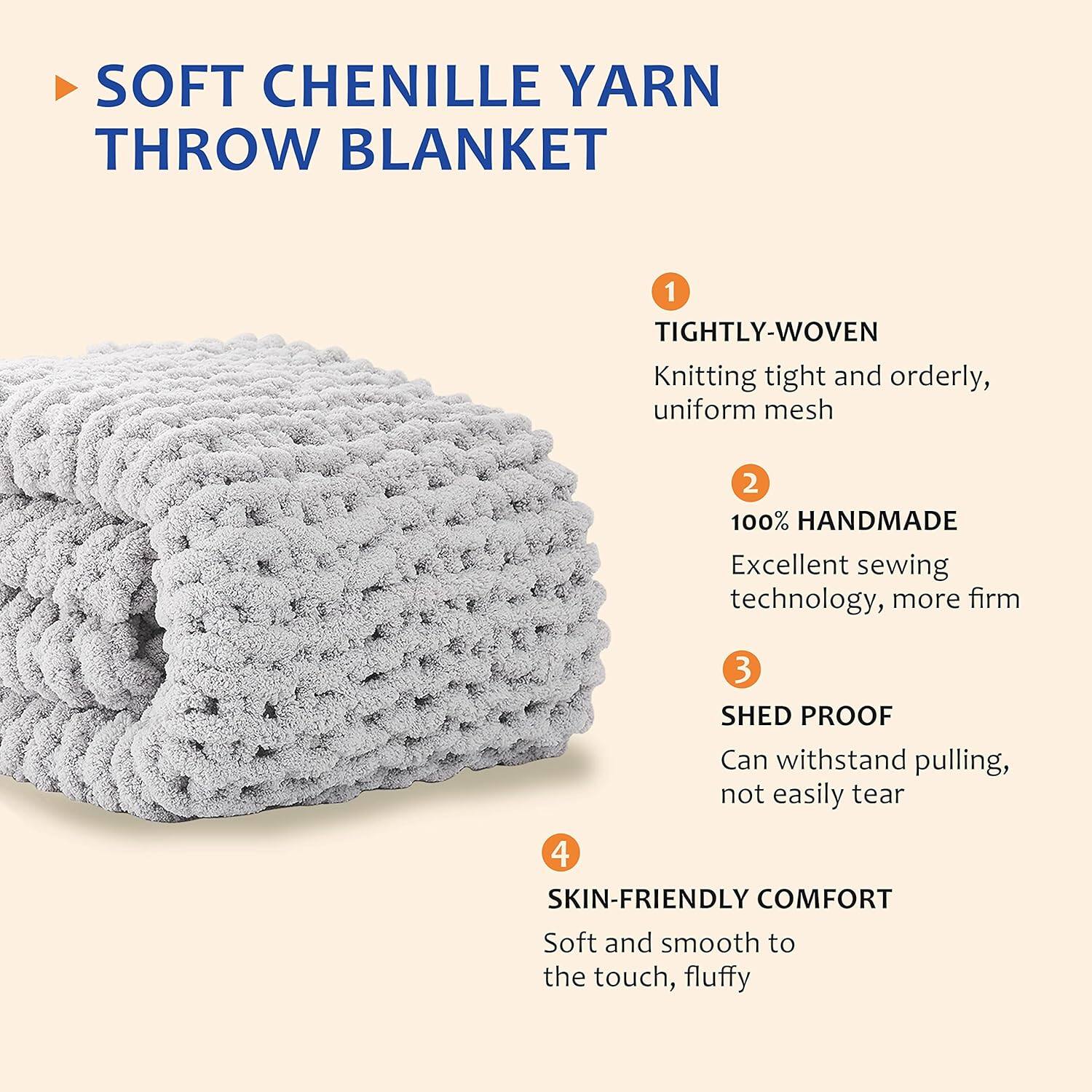 SOFT CHENILLE YARN THROW BLANKET

1. TIGHTLY-WOVEN  
   Knitting tight and orderly, uniform mesh

2. 100% HANDMADE  
   Excellent sewing technology, more firm

3. SHED PROOF  
   Can withstand pulling, not easily tear

4. SKIN-FRIENDLY COMFORT  
   Soft and smooth to the touch, fluffy