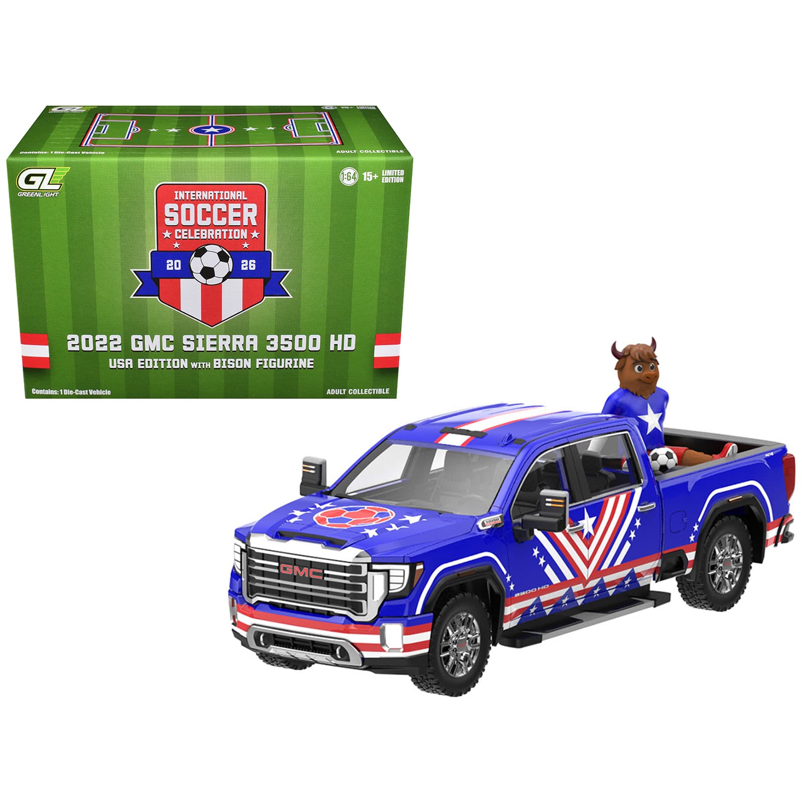 2022 GMC Sierra 3500 HD Truck Blue with American Soccer Graphics with Bison Figure 1/64 Diecast Model Car by Greenlight price history on PriceWatchPro