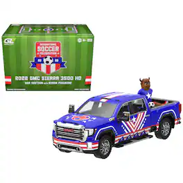 2022 GMC Sierra 3500 HD Truck Blue with American Soccer Graphics with Bison Figure 1/64 Diecast Model Car by Greenlight