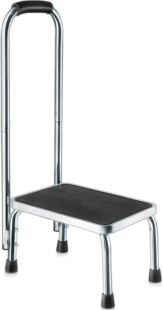 Front. Medical King - Step Stool with Handle Chrome-Plated Steel, 330 lbs Capacity for Adults & Seniors for Bed, Bathroom & Kitchen Use - Silver.