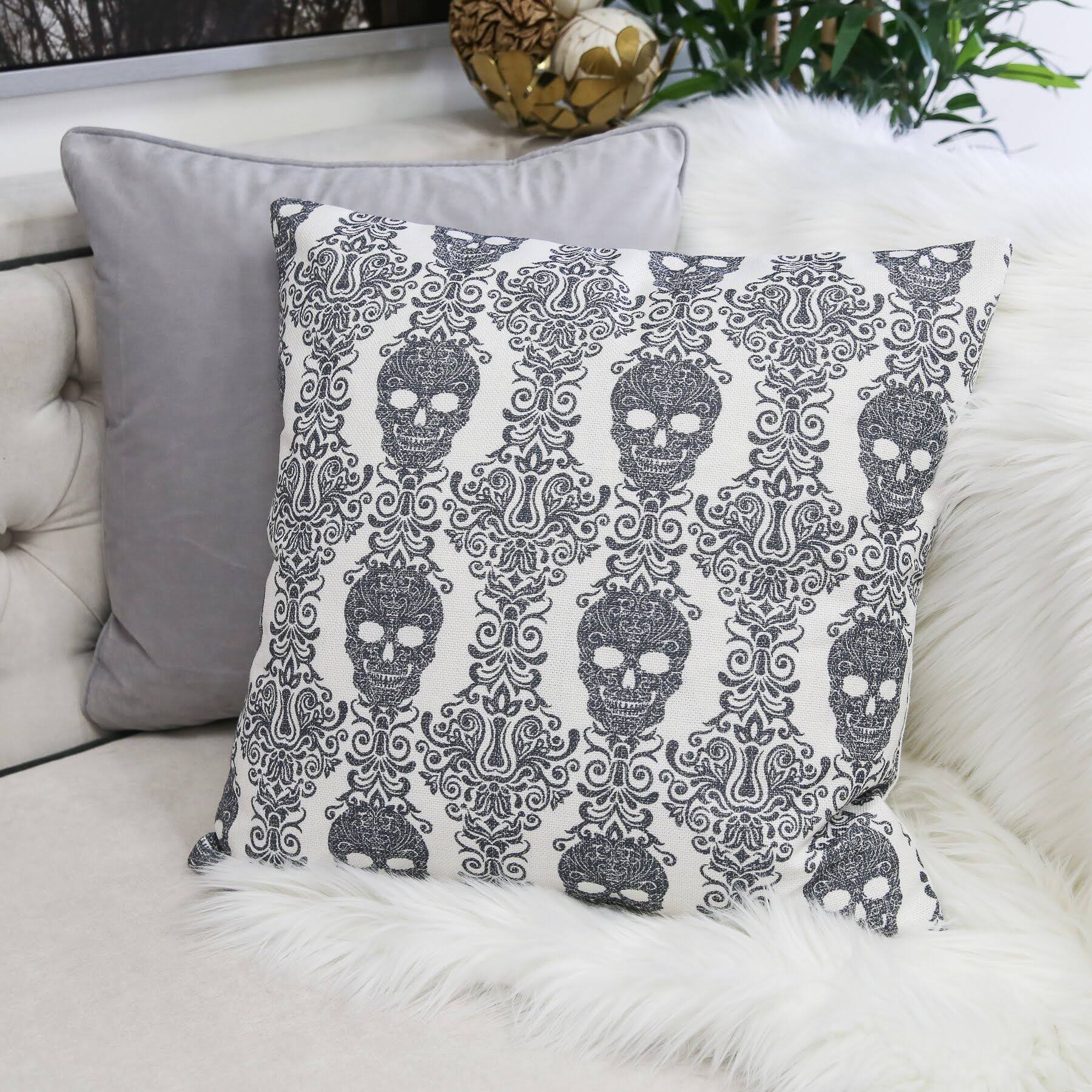 Front. TinyHomie - Gothic Damask Skull Throw Pillow Black White Cotton Linen - Gray.