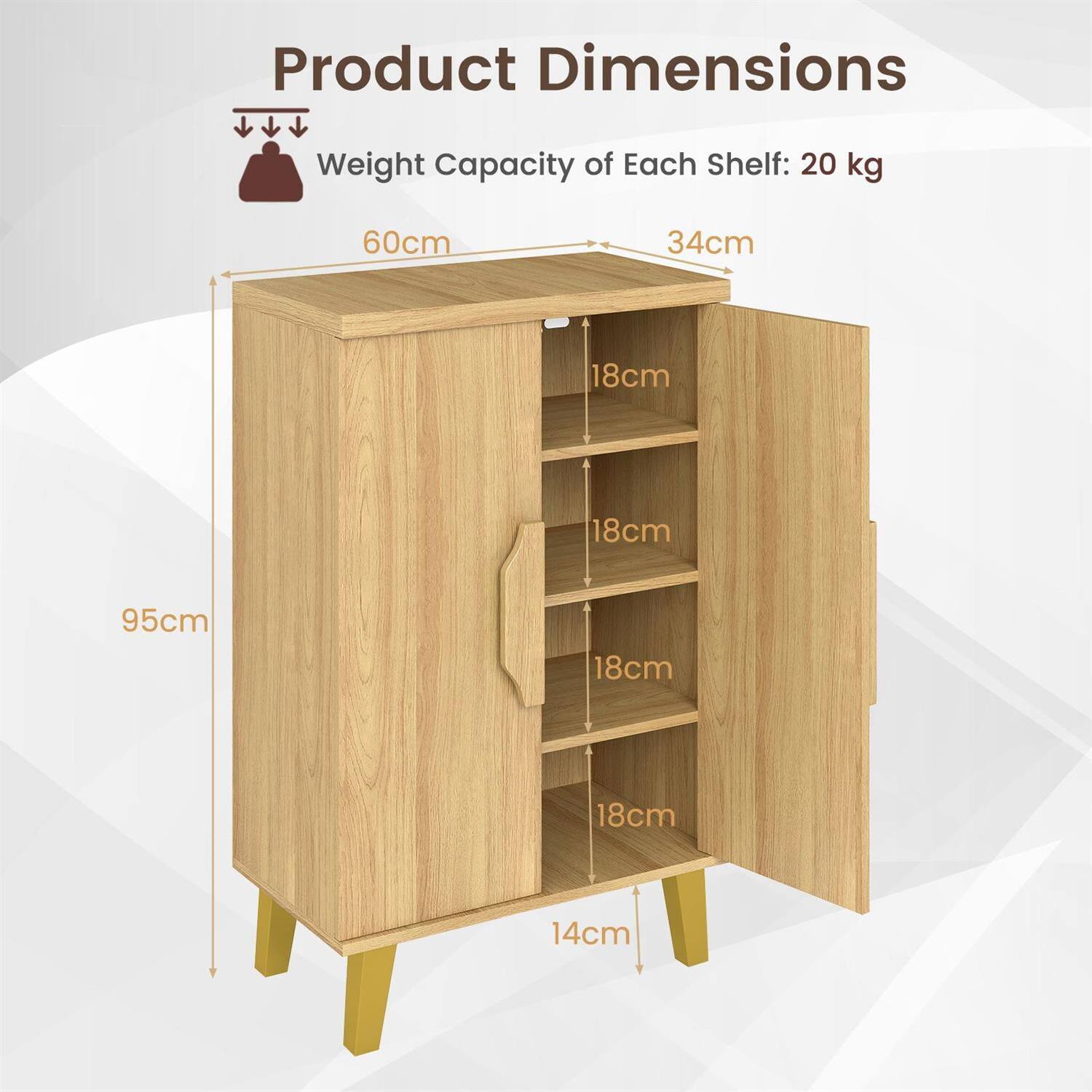 Product Dimensions  
Weight Capacity of Each Shelf: 20 kg  
60cm x 34cm x 95cm  
Shelf Dimensions: 18cm x 18cm  
Overall Height: 14cm