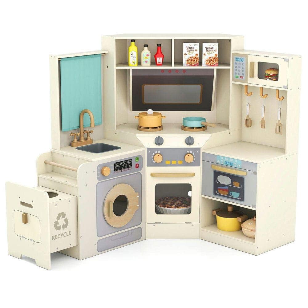 Resenkos - Corner Kitchen with Lights, Sounds & Pull-out Trash Can - Interactive Play Set - Off White