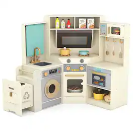 Resenkos - Corner Kitchen with Lights, Sounds & Pull-out Trash Can - Interactive Play Set - Off White