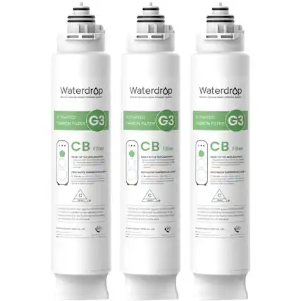 Waterdrop Reverse Osmosis Water Filtration System
ACTIVATED CARBON FILTER G3
CB Filter
RESET AFTER REPLACEMENT:
- Hold the reset button for 5 seconds until the system beeps 3 times.
FEED WATER TEMPERATURE: 40°F
Certified by NSF/ANSI 42 for the reduction of chlorine taste and odor.
Certified by NSF/ANSI 53 for the reduction of lead.
Optima EcoPure Filter Co., Ltd.
2021