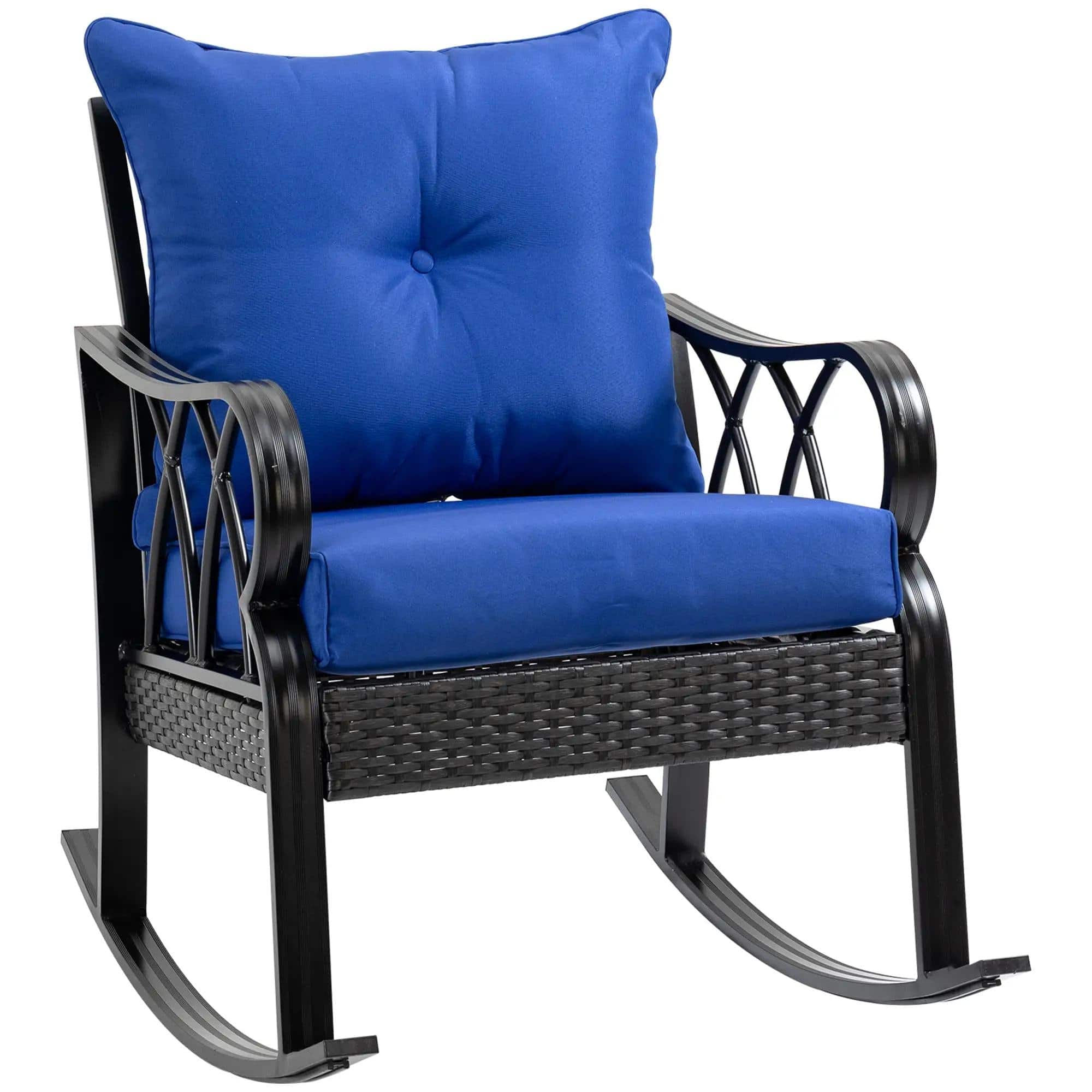Resenkos - Wicker Rocking Chair with Padded Cushions, Aluminum Rattan Porch Chair, Armrest, Garden Patio Backyard - Blue