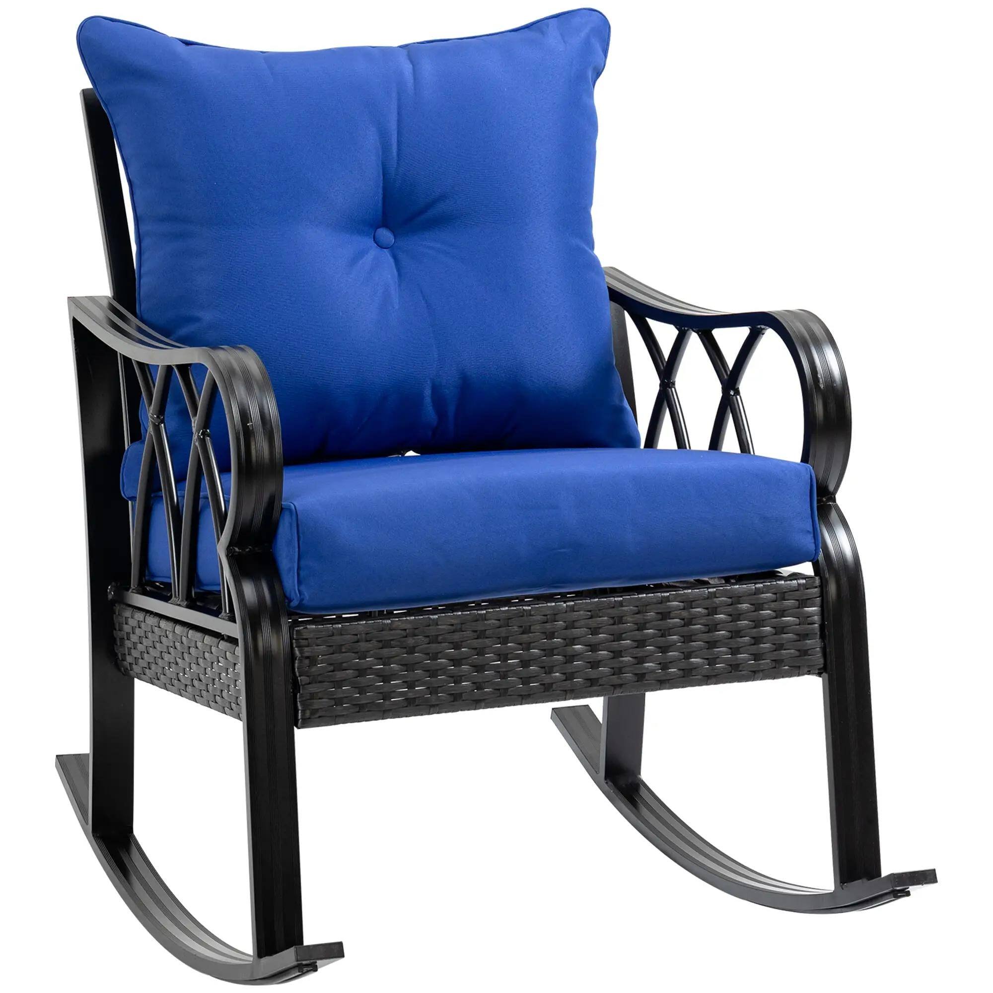 Front. Resenkos - Resenkos Wicker Rocking Chair with Padded Cushions, Aluminum Rattan Porch Chair, Armrest, Garden Patio Backyard, Blue - Blue.