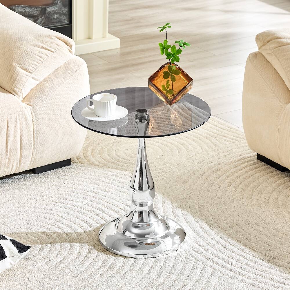 Alt View 4. Loheer - Loheer Small Metal Side Table Silver Round Glass Top End Table - Silver.