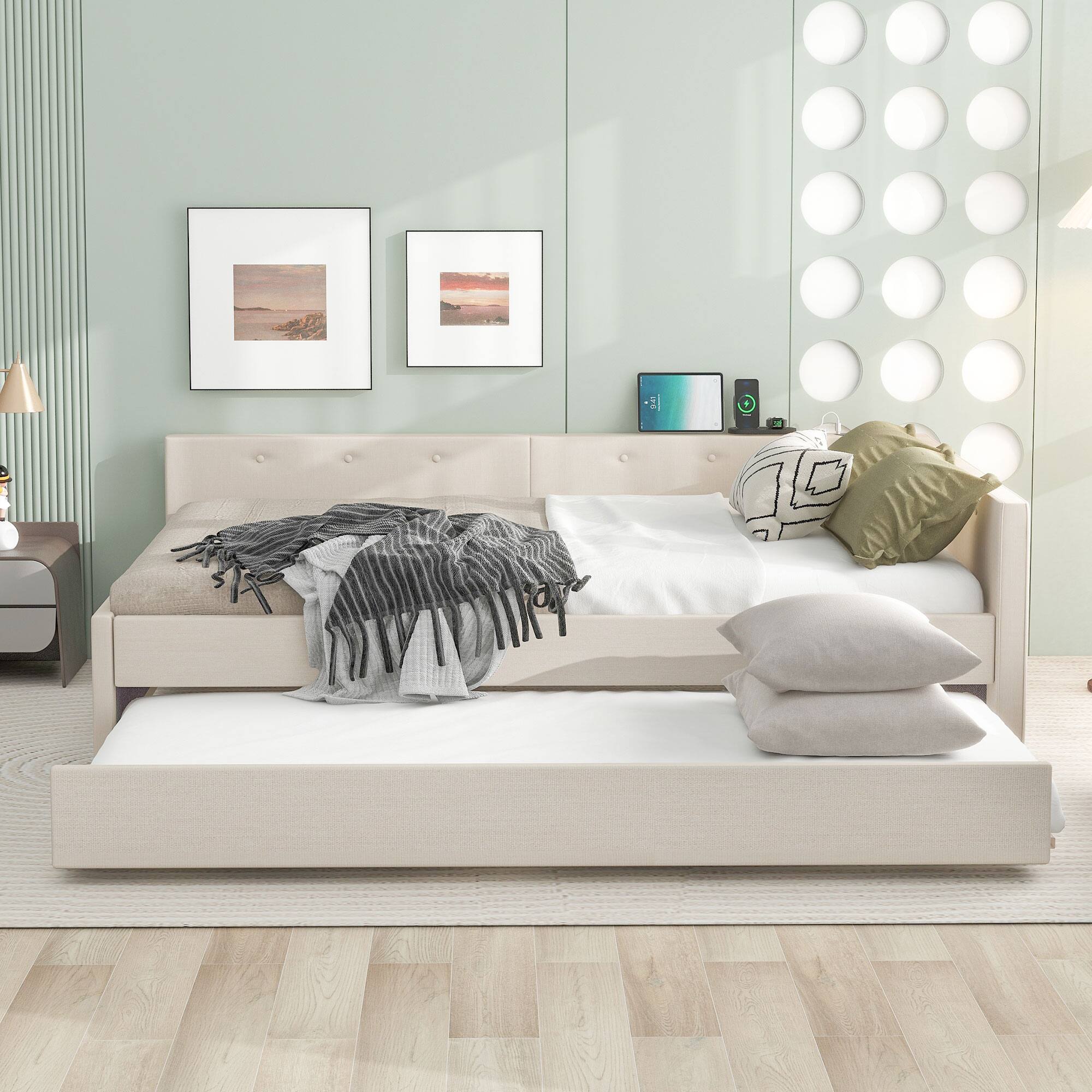 Left. LUCKY ONE - Queen Size Upholstered Platform Bed with USB and Twin Size Trundle - Beige.