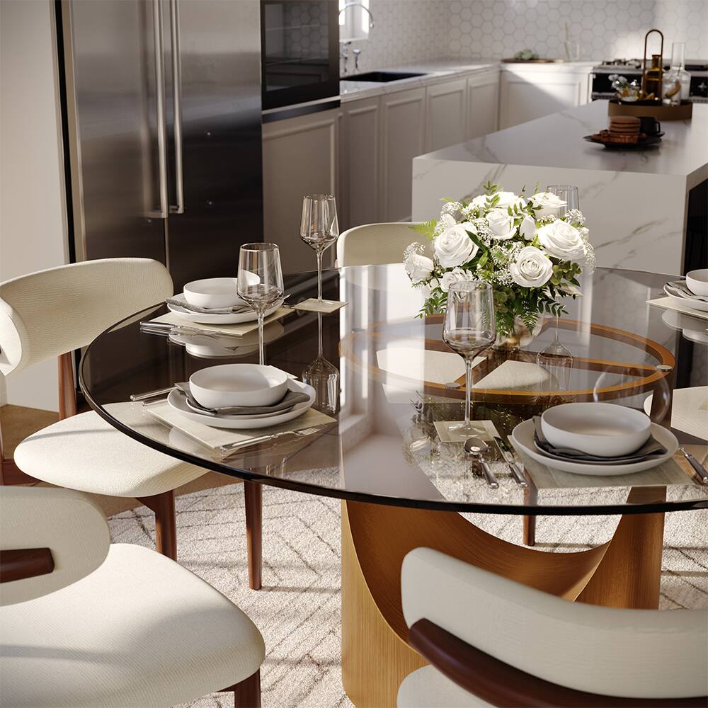 Alt View 1. POVISON - 51" Round Dining Table Clear Tempered Glass with Bronze U-shaped Steel Base - Clear Tempered Glass with Bronze Steel Base.