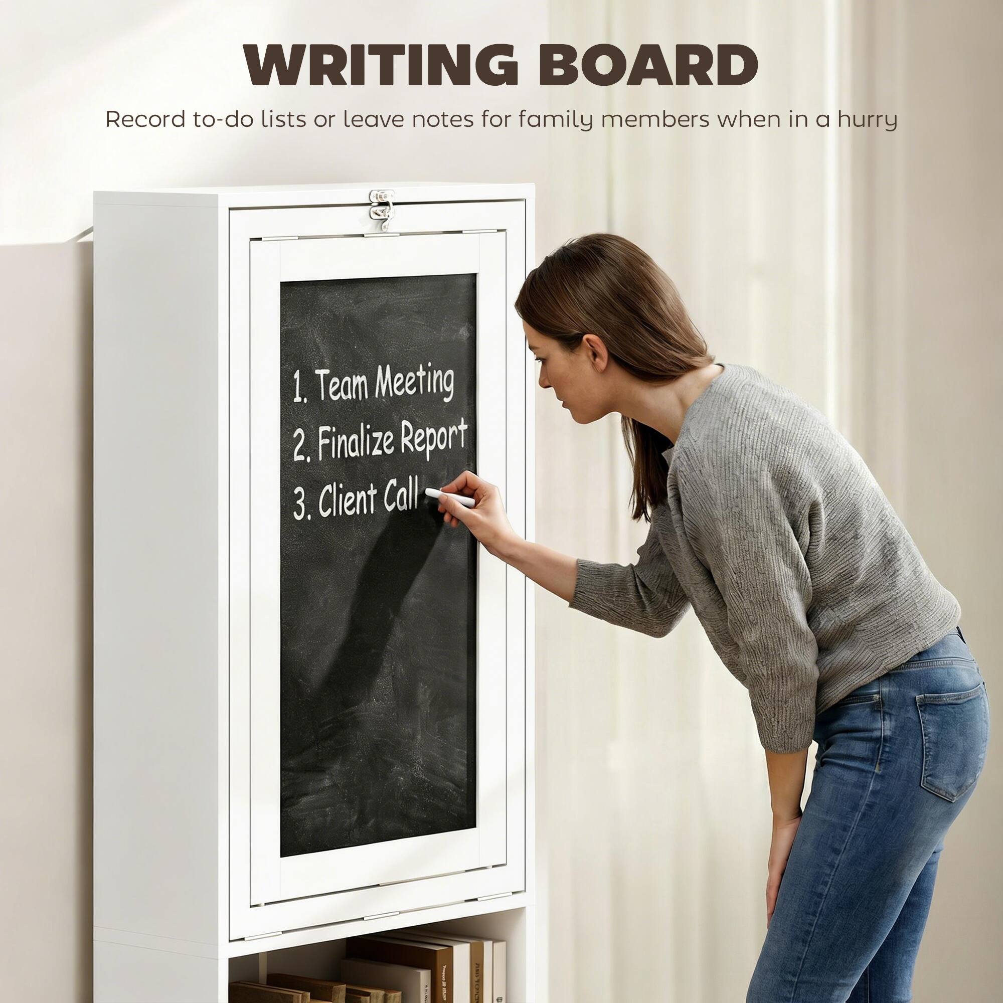 WRITING BOARD  
Record to-do lists or leave notes for family members when in a hurry  

1. Team Meeting  
2. Finalize Report  
3. Client Call