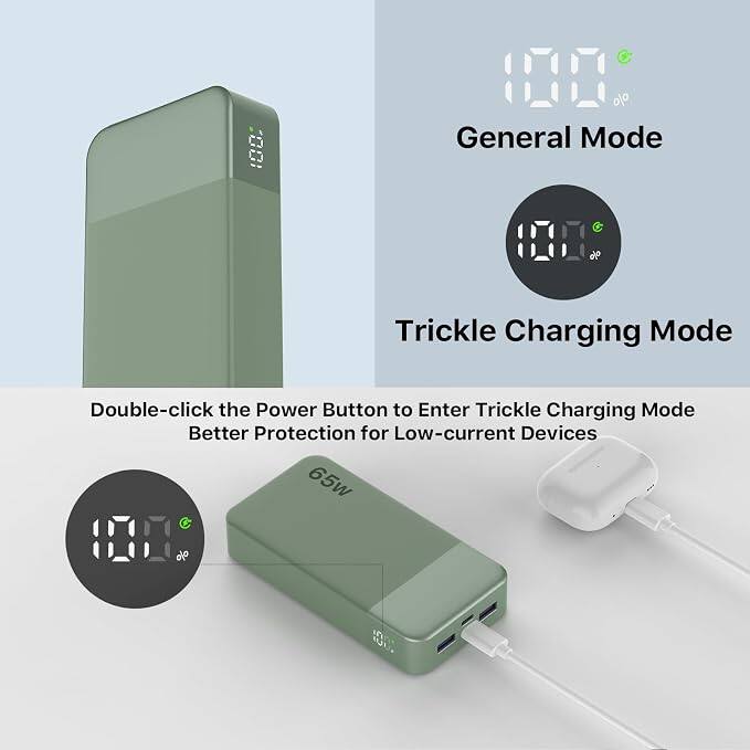 % General Mode
%
Trickle Charging Mode
Double-click the Power Button to Enter Trickle Charging Mode Better Protection for Low-current Devices 65w
%
100%