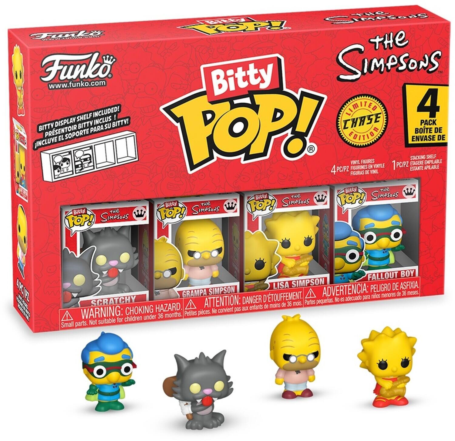 Funko  
www.funko.com  

Bitty POP!  
The Simpsons  

LIMITED EDITION  
CHASE  

4 PACK  
BOTE DE ENVASE DE 4PC/PZ  

BITTY DISPLAY SHELF INCLUDED!  
INCLUIVE EL SOPORTE PARA SU BITTY!  
1 PC/PZ  

VINYL FIGURES  
FIGURINES EN VINYLE  
FIGURAS DE VINIL  

STACKING SHELF  
ETAGERE EMPILABLE  
ESTANTE FIGURAS DE VINIL  

Bitty POP! The Simpsons  
Bitty POP! The Simpsons  
Bitty POP! The Simpsons  
Bitty POP! The Simpsons  

SCRATCHY  
GRAMPA SIMPSON  
LISA SIMPSON  
FALLOUT BOY  

WARNING: CHOKING HAZARD.  
ATTENTION: DANGER PEU DE RISQUE D'ETOUFFEMENT.  
ADVERTENCIA: PEOR DE ASFIXIA.  
Small parts. Not suitable for children under 36 months.  
Petites pièces. Ne convient pas aux enfants de moins de 36 mois.  
Partes pequeñas. No es adecuado para niños menores de 36 meses.