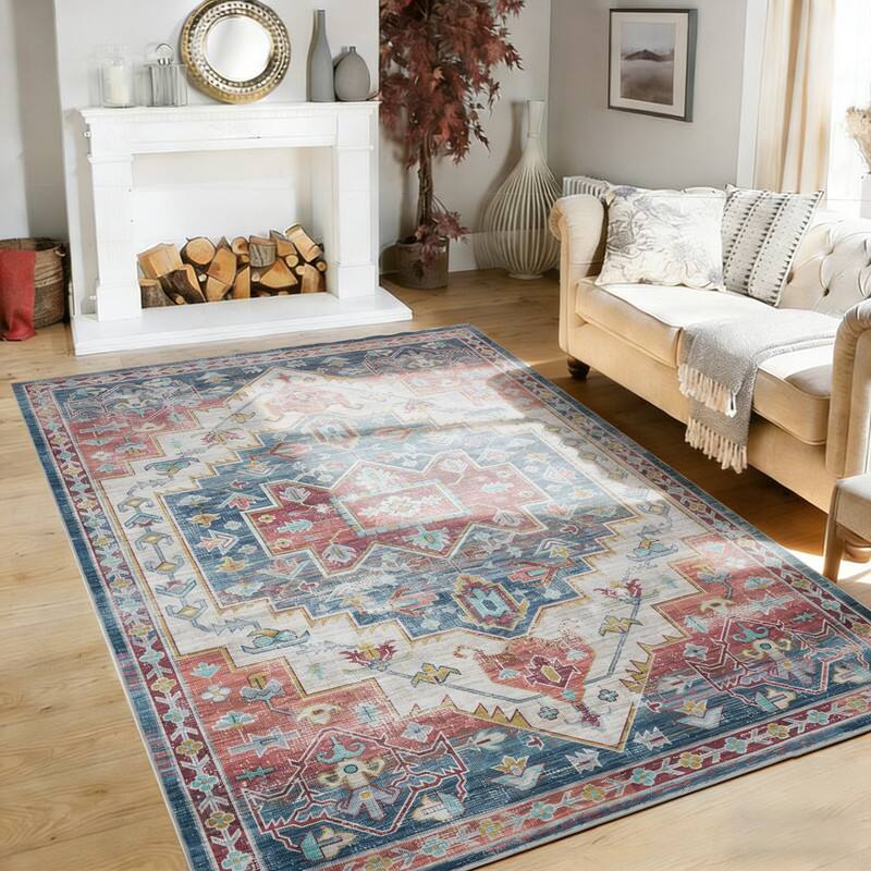Angle. RYHNUYNE - 5x7 Area Rugs Living Room Rug Washable Vintage Boho Rug No Slip Stain Resistant Soft Carpet Indoor Floor Floral Carpets - Painting.