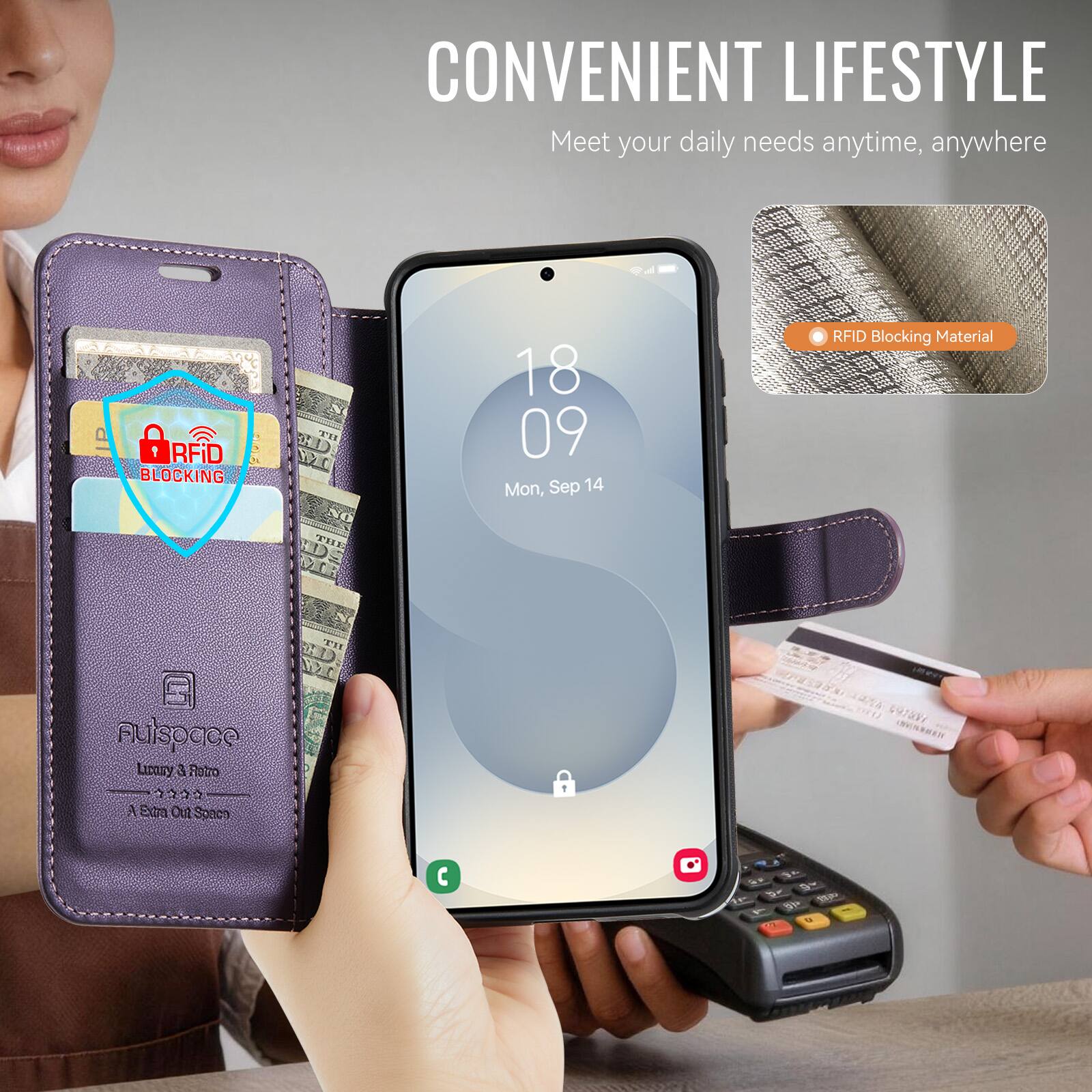 CONVENIENT LIFESTYLE  
Meet your daily needs anytime, anywhere

RFID BLOCKING  
RFID Blocking Material

18:09  
Mon, Sep 14

AULISPACE  
Luxury & Retro  
A Extra Out Space