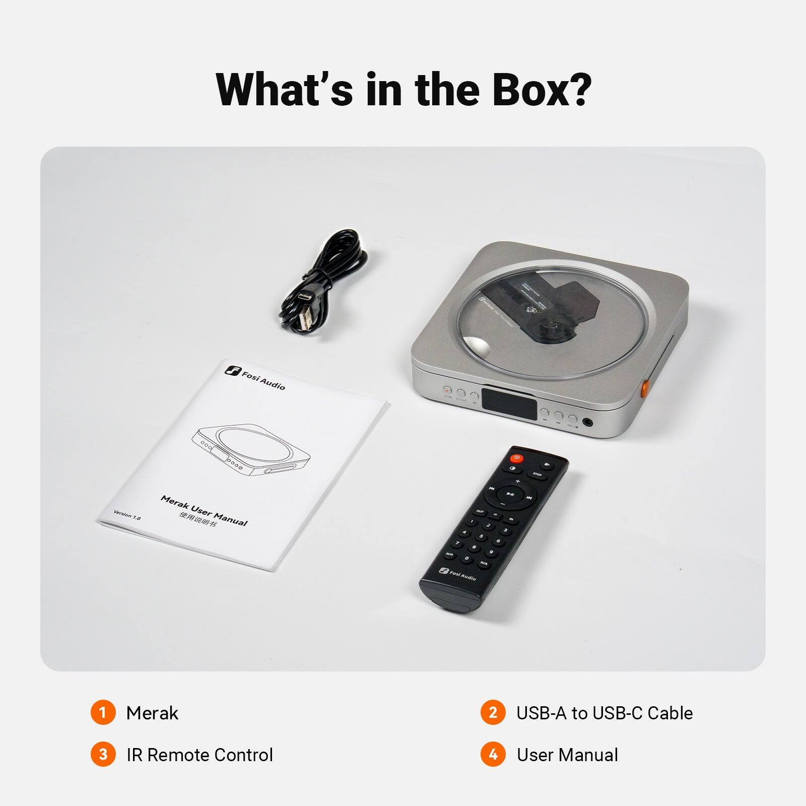 What's in the Box?  
1. Merak  
2. USB-A to USB-C Cable  
3. IR Remote Control  
4. User Manual