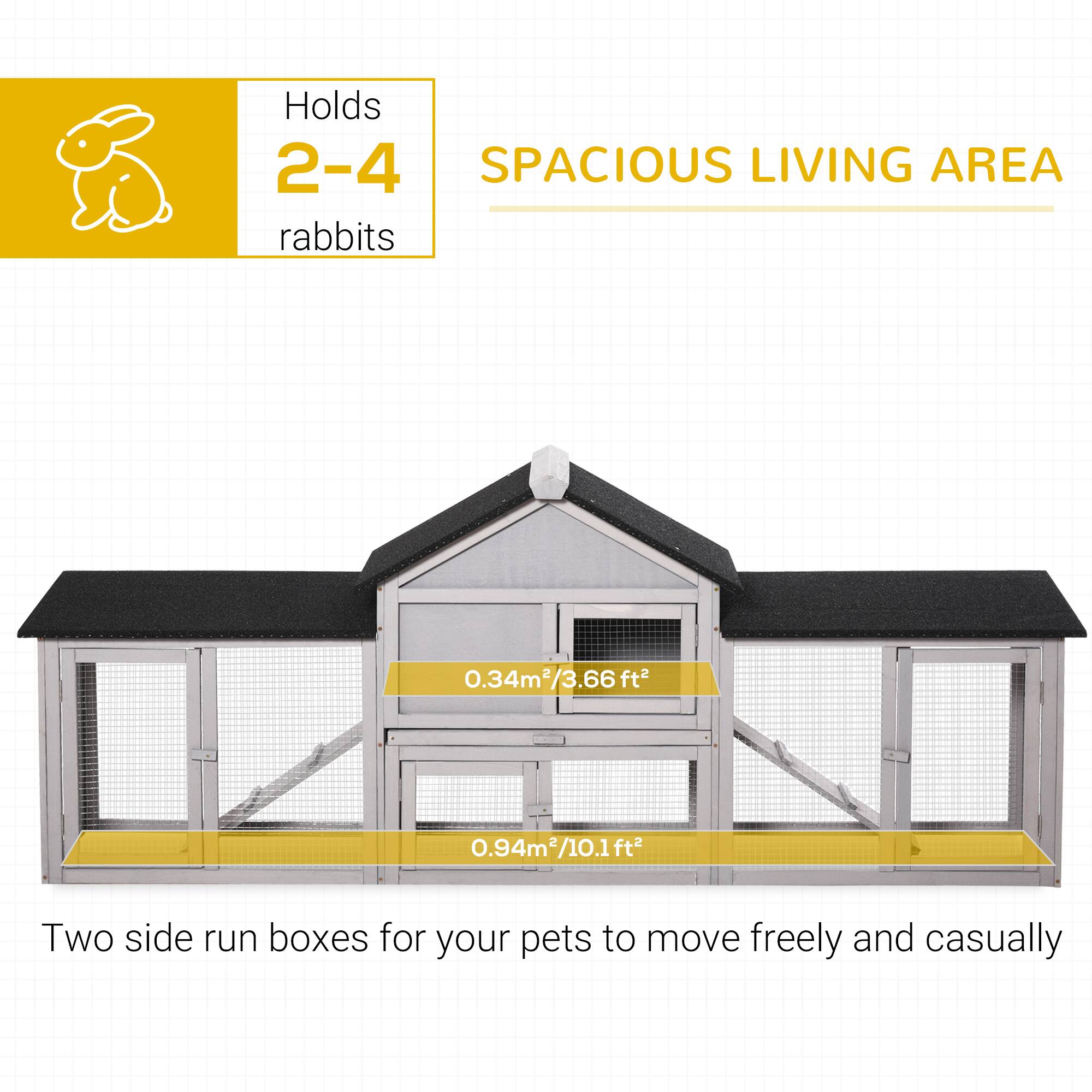 Holds 2-4 rabbits

SPACIOUS LIVING AREA

0.34m² / 3.66 ft²

0.94m² / 10.1 ft²

Two side run boxes for your pets to move freely and casually