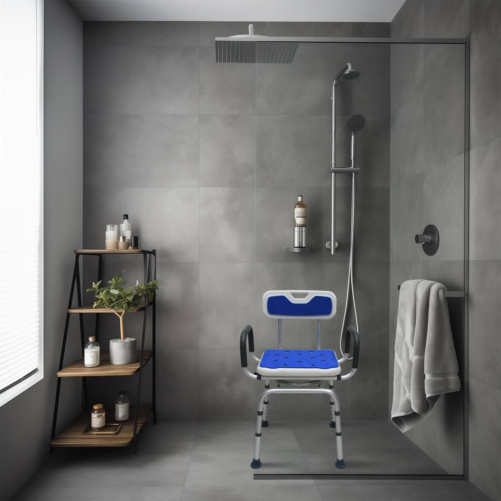 Alt View 3. JETRANSPORT - 360 ° Swivel Shower Chair Portable Rotating Seat With Padded Armrests And Backrest Adjustable Bathtub Height - Blue（Sliding&Swivel）.