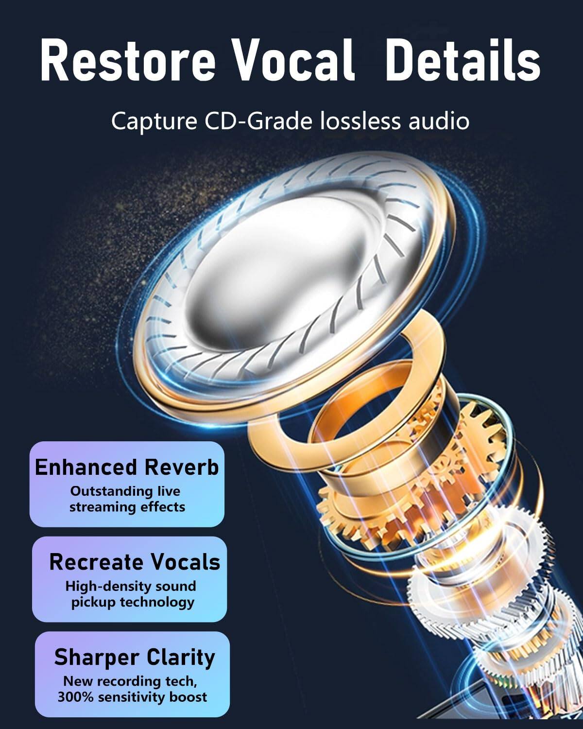 Restore Vocal Details  
Capture CD-Grade lossless audio  

Enhanced Reverb  
Outstanding live streaming effects  

Recreate Vocals  
High-density sound pickup technology  

Sharper Clarity  
New recording tech, 300% sensitivity boost