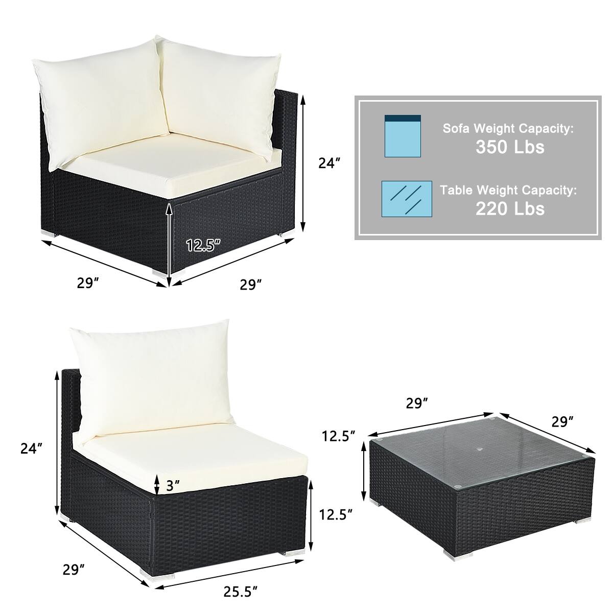 Sofa Weight Capacity: 350 Lbs  
Table Weight Capacity: 220 Lbs  

Dimensions:  
- Sofa: 29" W x 29" D x 24" H  
- Seat Height: 12.5"  
- Armrest Height: 24"  
- Cushion Thickness: 3"  
- Seat Depth: 25.5"  

Table:  
- 12.5" W x 29" D x 29" H
