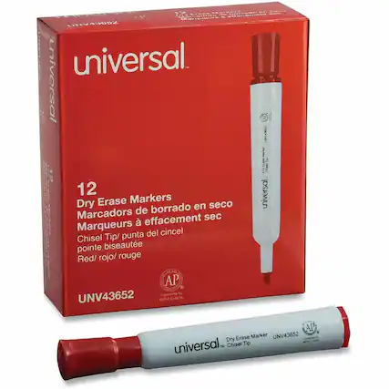 1 - TSISE .. STSEEITO - Marteits HY 42002 universal. CA niversal AR KC+ UN Marke 2 Crase Aas Chobe 12 universal. Erase Markers Dry borrado en seco Marcadors de effacement sec Marqueurs punta del cincel Chisel Tip/ pointe biseaute Red/ rojo/ rouge ACALO AP Conforms OF UNV43652 ASTM D 4236 AP Dry Erase Marker UNV43652 . universal. Chisei Tip