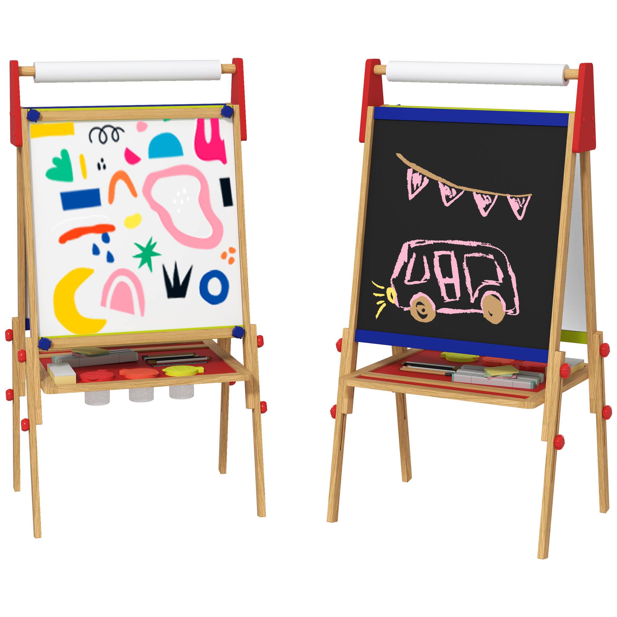 Front. Qaba - Qaba 3 in 1 Kids Wooden Art Easel with Paper Roll, Whiteboard, Chalkboard, Storage Tray, Painting Accessories.