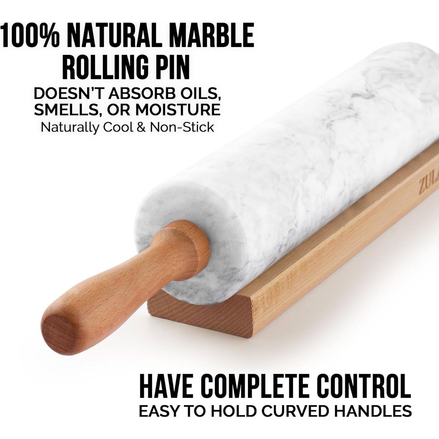 100% NATURAL MARBLE ROLLING PIN  
DOESN'T ABSORB OILS, SMELLS, OR MOISTURE  
Naturally Cool & Non-Stick  

HAVE COMPLETE CONTROL  
EASY TO HOLD CURVED HANDLES