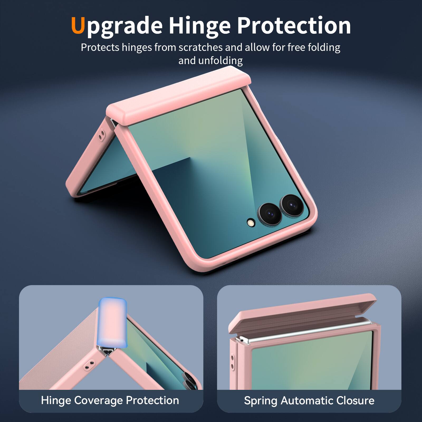 Upgrade Hinge Protection  
Protects hinges from scratches and allow for free folding and unfolding  

Hinge Coverage Protection  

Spring Automatic Closure