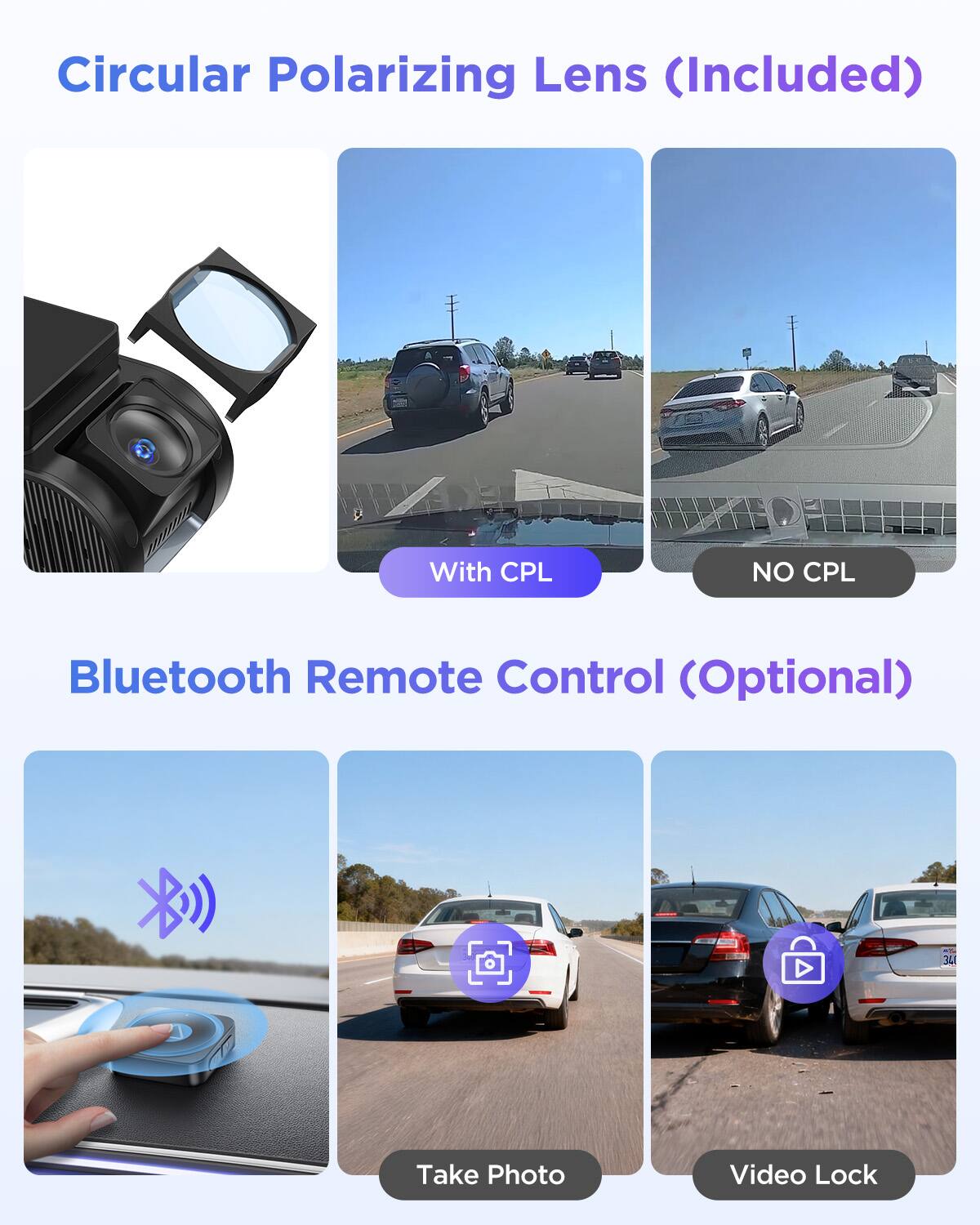 Circular Polarizing Lens (Included)  
With CPL  
NO CPL  

Bluetooth Remote Control (Optional)  
Take Photo  
Video Lock