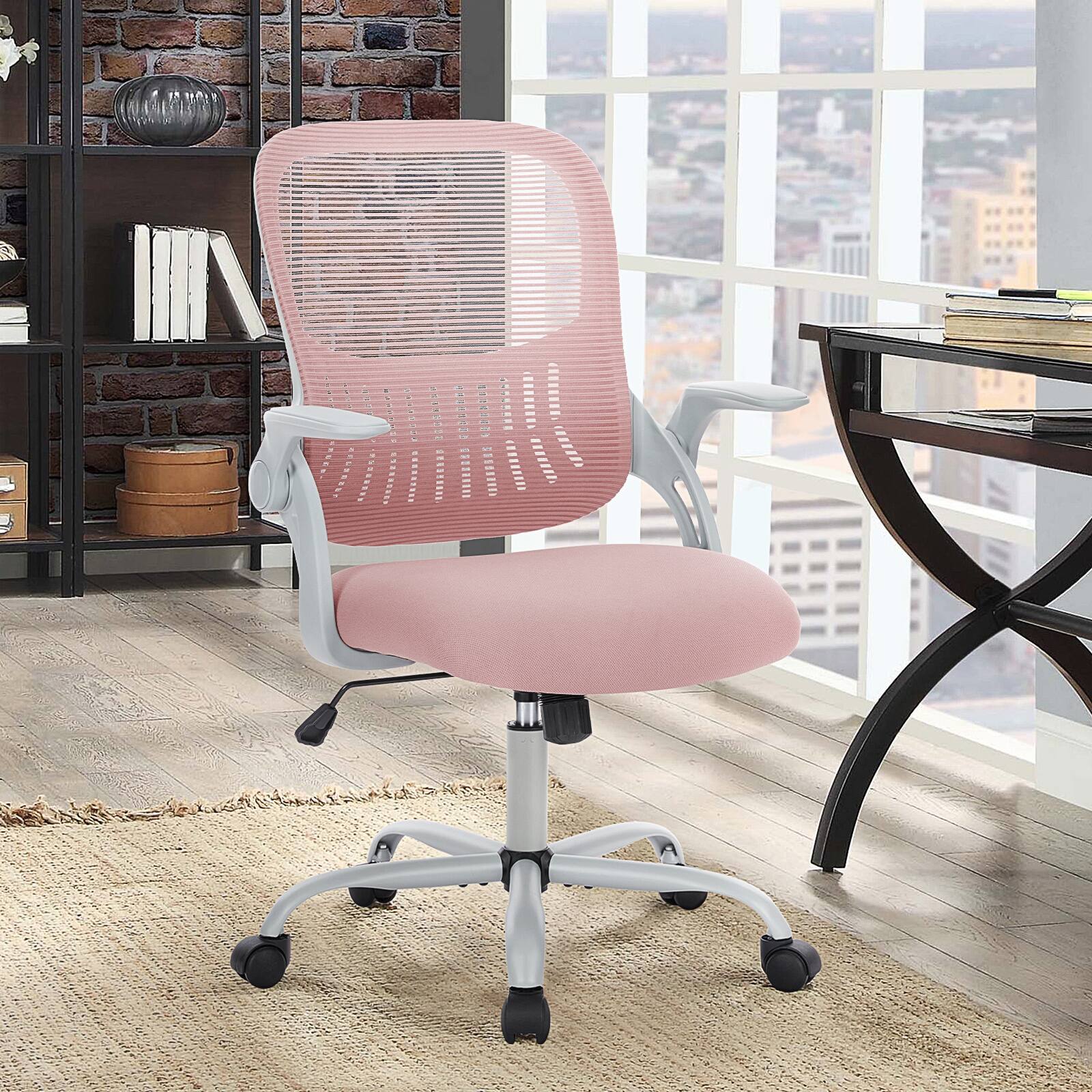 Angle. AENKYO - Home Office Chair Computer Chair with Lumbar Support and Rocking Mode, Height Adjustable with Flip Armrest - Pink.