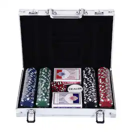 Soozier - Chip Set with Aluminum Case, 200 Striped Poker Chips, 2 Decks of Cards, 5 Dice - Silver