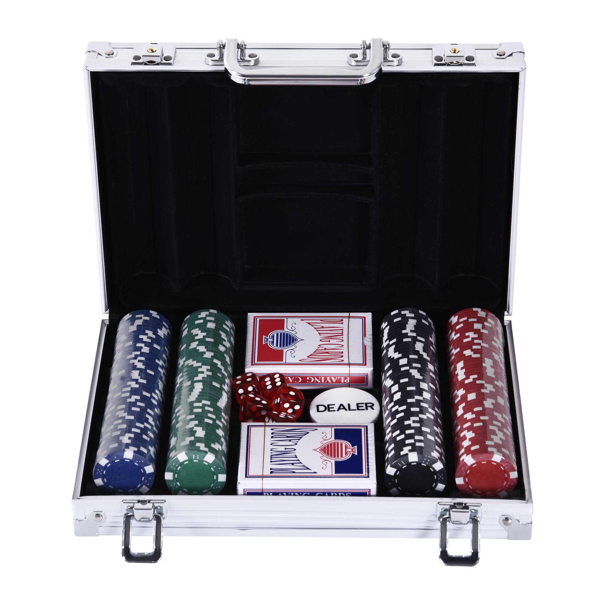 Soozier - Chip Set with Aluminum Case, 200 Striped Poker Chips, 2 Decks of Cards, 5 Dice - Silver
