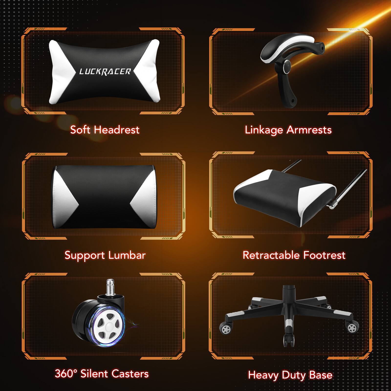 LUCKRACER ... Soft Headrest Linkage Armrests Support Lumbar Retractable Footrest 360 Silent Casters Heavy Duty Base