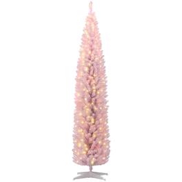 Homcom - Tall Pre-Lit Slim Noble Fir Artificial Pencil Christmas Tree with 300 Warm White LED Lights and 618 Tips - Pink