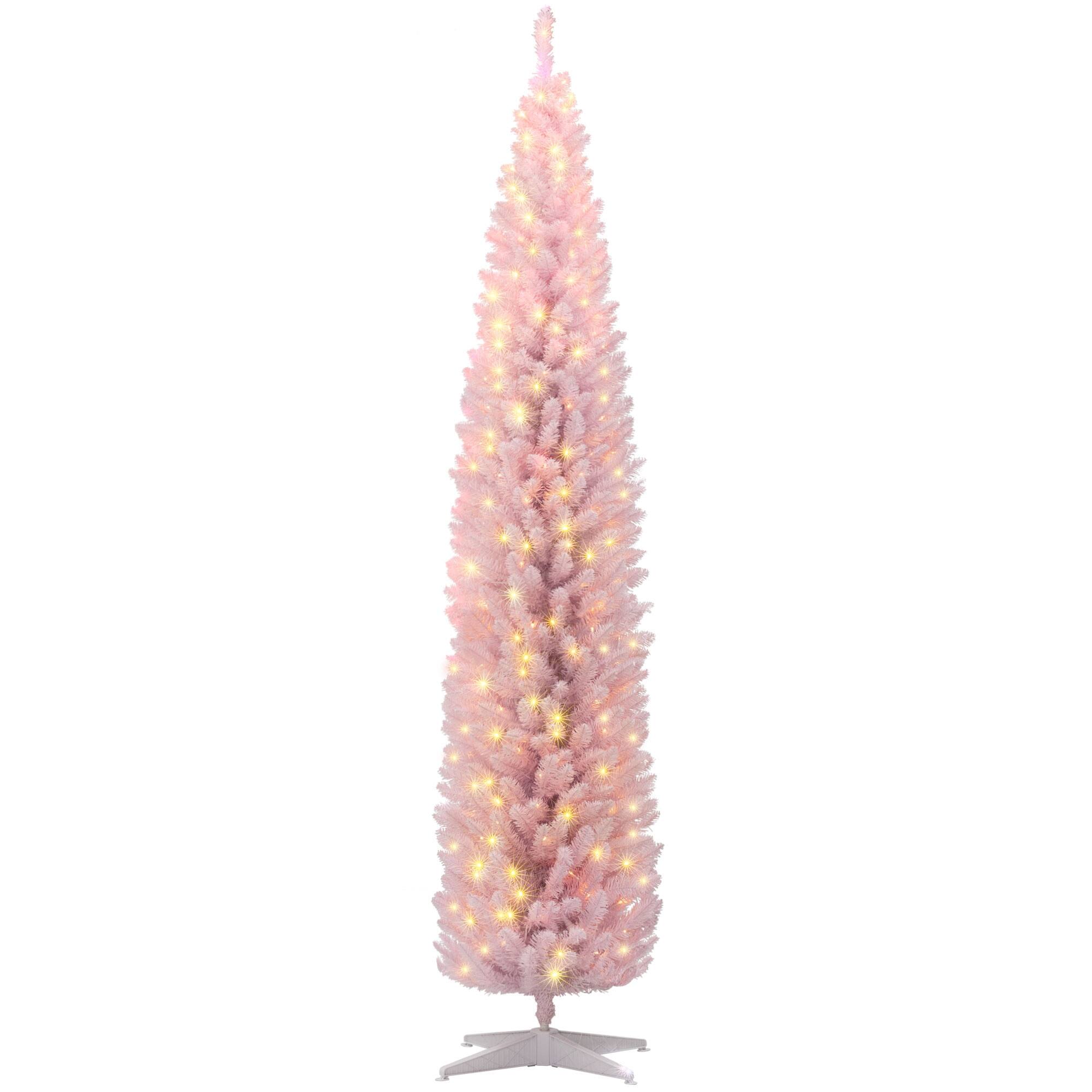 Homcom - Tall Pre-Lit Slim Noble Fir Artificial Pencil Christmas Tree with 300 Warm White LED Lights and 618 Tips - Pink
