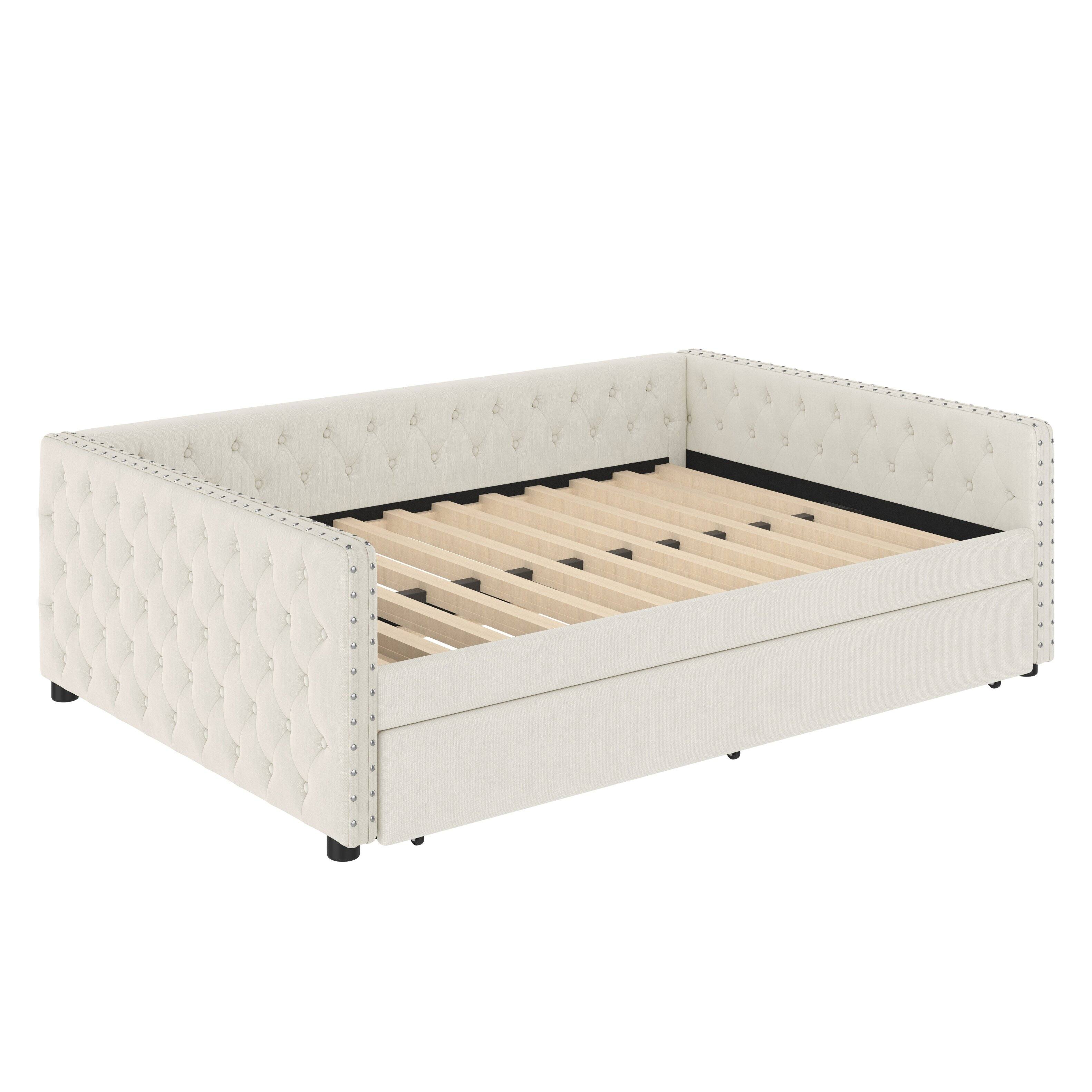 Back. Tiramisubest - Full Size Daybed, Upholstered Tufted Sofa Bed with Trundle,  Full Daybed with Twin Trundle - Ivory.