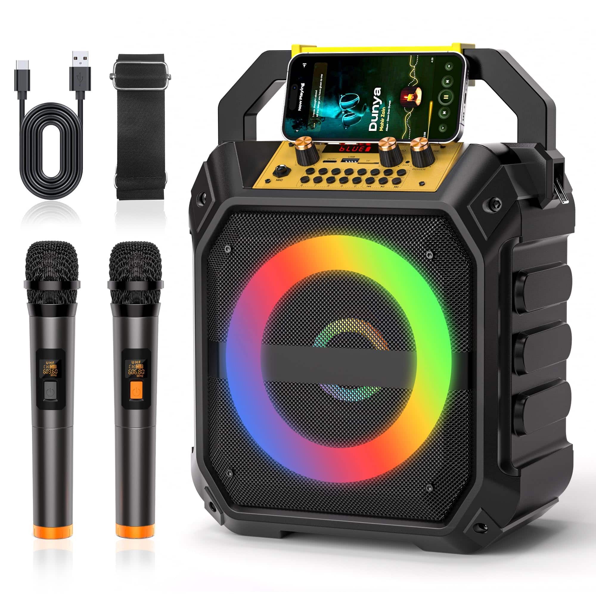 Pacoar Cade - Led Usb Light Karaoke Machine With And 2 Wireless Microphone For Adults & Portable Tws Mode Pa System Led Light Rec Fm - Default