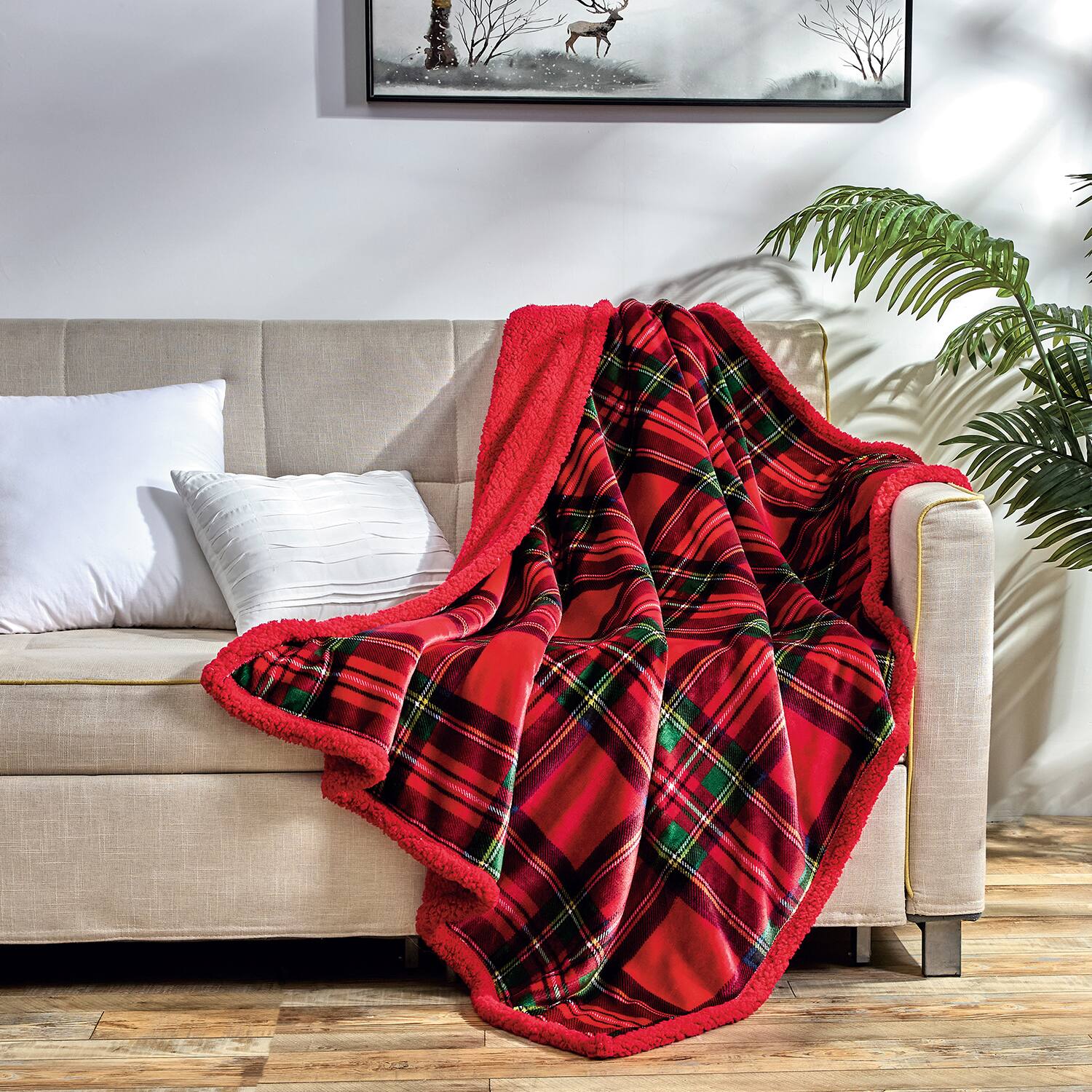 Angle. Plazatex - Plazatex 100% Polyester Plaid Printed Reversible Throw Blanket 50" x 60" Green-Red - Multicolor.