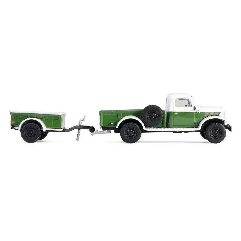 Angle. Greenlight - 1950 Dodge Power Wagon Pickup Truck Green and White with 1/4 Ton Cargo Trailer Green "Hitch & Tow" Series 32 1/64 - Green and White.