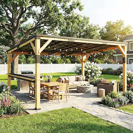 Outsunny - x 14' Wooden Gazebo, Hardtop Lean-to Gazebo Pergola with Galvanized Steel Sloped Roof, Bar Shelf